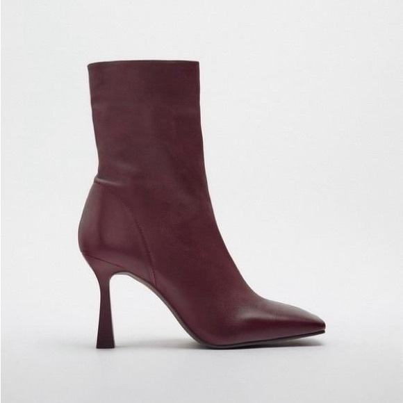 ZARA BURGUNDY LEATHER ANKLE BOOTS - Picture 1 of 9